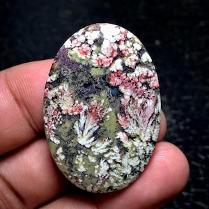May include: An oval-shaped polished gemstone cabochon featuring a complex pattern of mossy green, deep black, and vibrant pinkish-red dendritic inclusions that resemble delicate fern-like or floral formations across the stone surface.