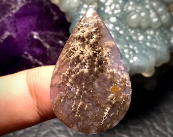 May include: A teardrop-shaped agate cabochon with a dendritic pattern in shades of brown, white, and gray. The agate has a translucent appearance and shows intricate details of the dendritic pattern.