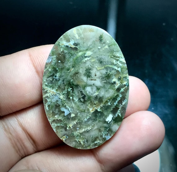 グリーン化石サンゴカボション - ムカデ模様、オーバル宝石 (42x30x7