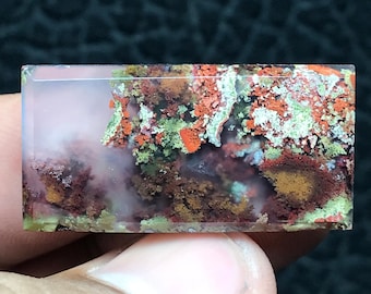 Peut inclure: Une dalle d'agate polie avec un motif unique et coloré. L'agate présente des nuances de rose, rouge, orange, brun et vert. La dalle est translucide et a une surface lisse et polie.