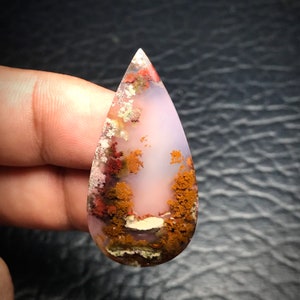 Scenic Moss Agate Teardrop Cabochon: Java Island Jewelry Art (21x41x5 mm)