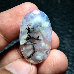 May include: A white and gray agate cabochon with black dendritic patterns. The cabochon is oval shaped and has a smooth, polished surface.