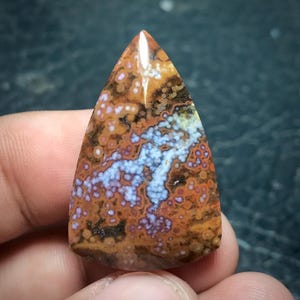 Puede incluir: Un cabujón de piedra preciosa pulida con forma triangular que presenta un patrón complejo de orbes circulares en tonos marrón, bronceado y naranja oscuro. Una veta irregular y prominente de material cristalino blanco y violeta claro cruza el centro.