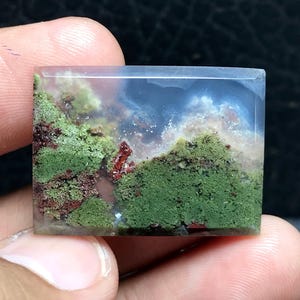 Scenic Java Moss Agate Cabochon: Natural Gemstone (31x23x4 mm)