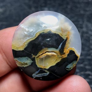 May include: A circular polished gemstone cabochon featuring a translucent white outer edge, a deep black central area, and intricate internal patterns of mustard yellow and light blue mineral inclusions throughout the stone surface.