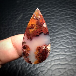 May include: A teardrop-shaped agate cabochon with a white background and brown, orange, and red dendritic patterns.