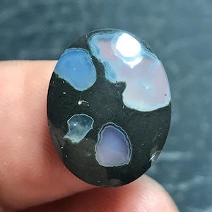 Op de afbeelding: Een ovaalvormige cabochon edelsteen met een glad, gepolijst zwart oppervlak met vier duidelijke, doorschijnende lichtblauwe en lichtviolette insluitingen. De steen heeft een glanzende afwerking die licht reflecteert, wat het contrast benadrukt tussen de donkere basis en de lichtere, wolkachtige interne patronen in de structuur van de steen.