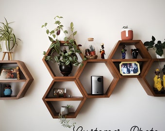 Conjunto de 6 estantes hexagonales grandes, estantes de panal, decoración de madera, estanterías hexagonales, estantes de libros de madera, estantes de madera para montaje en pared