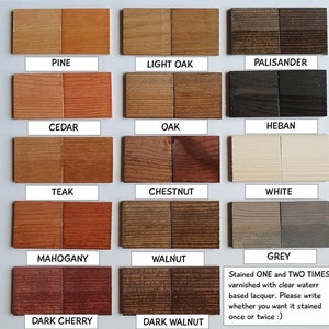 Peut inclure: Nuancier de teinture pour bois avec 12 couleurs de teinture diff&eacute;rentes, notamment pin, ch&ecirc;ne clair, palissandre, c&egrave;dre, ch&ecirc;ne, &eacute;b&egrave;ne, teck, ch&acirc;taignier, blanc, acajou, noyer, cerisier fonc&eacute; et noyer fonc&eacute;. Le nuancier comprend &eacute;galement une note sur la teinture du bois une ou deux fois.