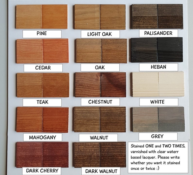 Peut inclure: Nuancier de teinture pour bois avec 12 couleurs de teinture diff&eacute;rentes, notamment pin, ch&ecirc;ne clair, palissandre, c&egrave;dre, ch&ecirc;ne, &eacute;b&egrave;ne, teck, ch&acirc;taignier, blanc, acajou, noyer, cerisier fonc&eacute; et noyer fonc&eacute;. Le nuancier comprend &eacute;galement une note sur la teinture du bois une ou deux fois.