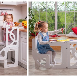 Convertible learning kitchen tower table 2in1, montessori learning stool, toddler kitchen tower, kitchen step stool, helper toddler tower