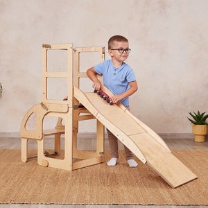 Montessori kitchen tower table & chair with back, convertible toddler tower help stool, kids foldable step stool, kitchen stool table slide
