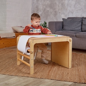 4-in-1 Toddler Table & Kids Slide , toddler table and chair set, Montessori kids table with chairs Paper Roll wood activity Indoor Slide