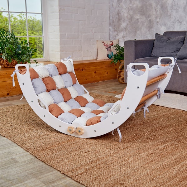 White+Natural Climbing Foldable Arch with pillow, Montessori Arch Rocker, Montessori Climbing Frame with Rock Ramp and Slide, toddler rocker