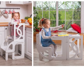 Convertible learning kitchen tower table 2in1, montessori learning stool, toddler kitchen tower, kitchen step stool, helper toddler tower