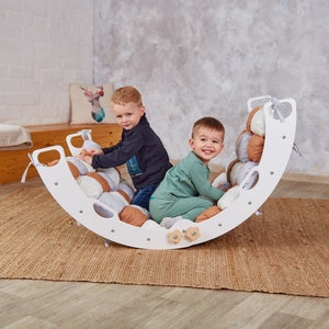 Large White+Natural Climbing Arch with Pillow, Foldable Montessori Rocker with Rock Ramp and Slide, Toddler Wooden Rocker, Montessori Arch