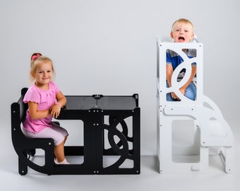 Convertible learning helper Black tower & table,montessori learning stool toddler kitchen tower help step stool toddler helper kitchen tower