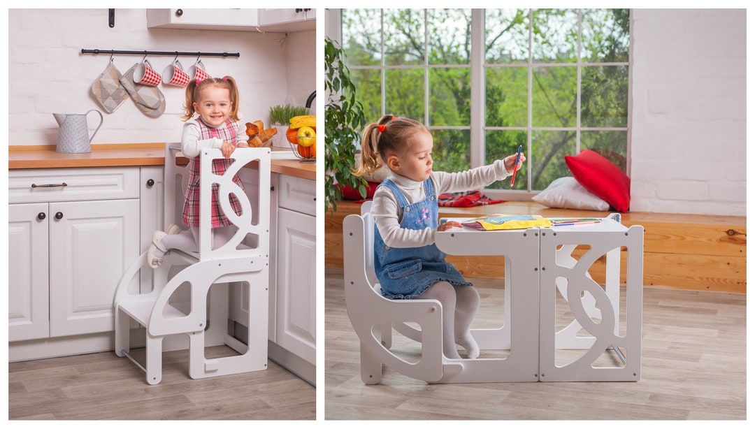 Foldable Toddler Tower Kitchen Helper Stool – Wooden Step Stool For Kids, Turns Into Table & Chair
