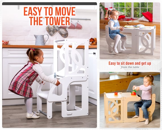 Torre e tavolo per apprendimento naturale convertibile per bambini CON  SCHIENALE, torre di apprendimento montessori, sgabello da cucina per  bambini, torre di aiuto per bambini -  Italia
