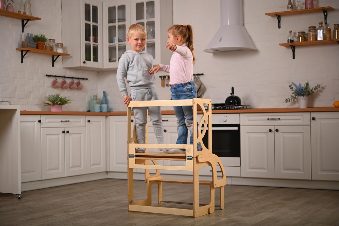 Double Helper Tower With Slide and BACK, Toddler Kitchen Step Stool