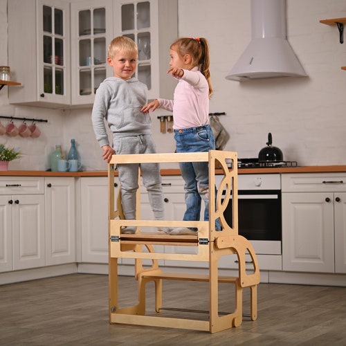 Natural Toddler Tower Convertible With BACK and Slide Double Etsy