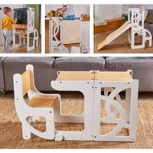Toddler kitchen tower & table with slide, convertible montessori  toddler helper stool, toddler tower table and chair, kids kitchen stool
