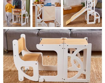 Torre de cocina y mesa con tobogán para niños pequeños, taburete auxiliar convertible Montessori para niños pequeños, mesa y silla tipo torre para niños pequeños, taburete de cocina para niños