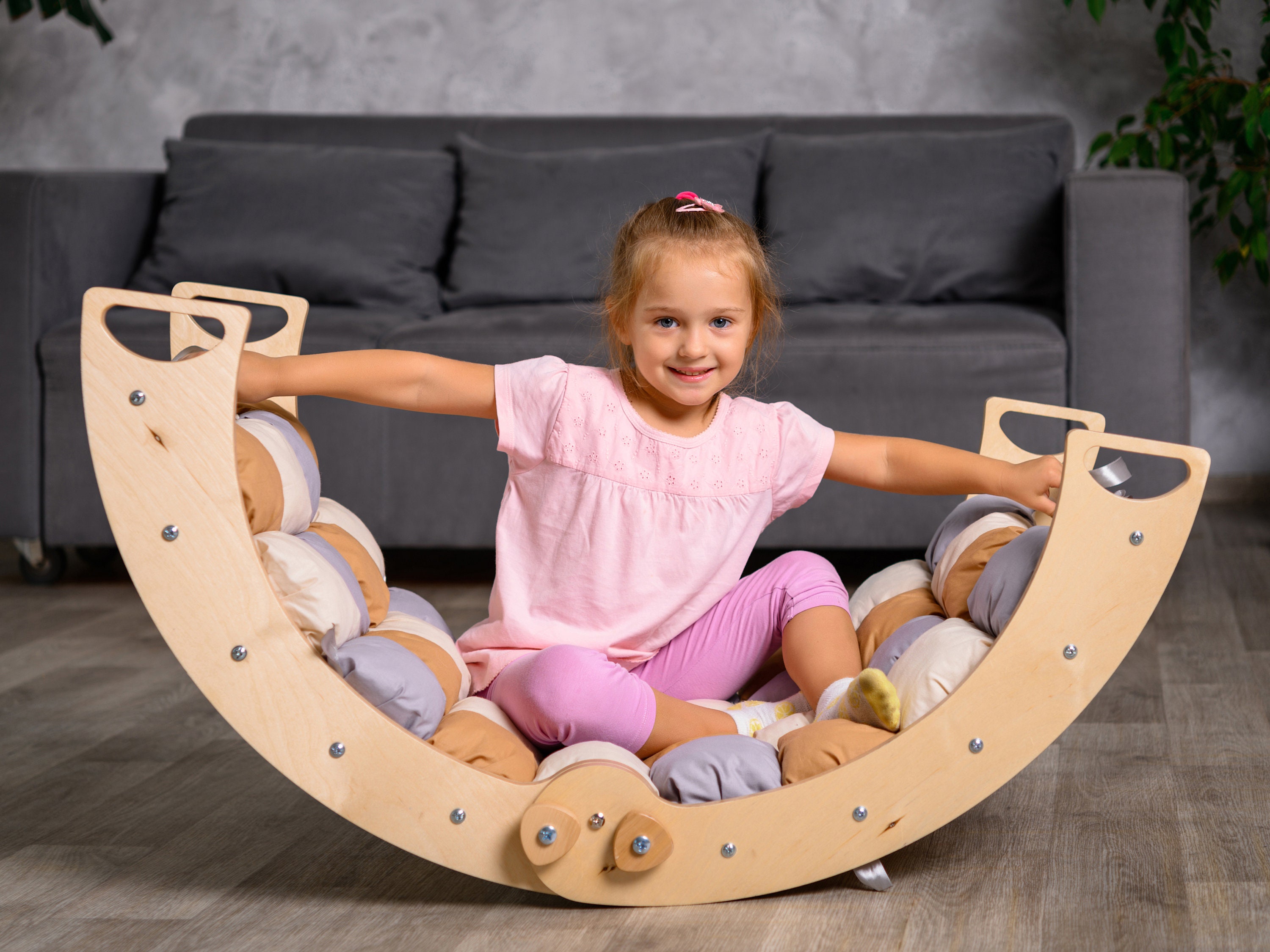 Large climbing arch with pillow, foldable montessori rocker with rock ramp  and arch rocker cushion