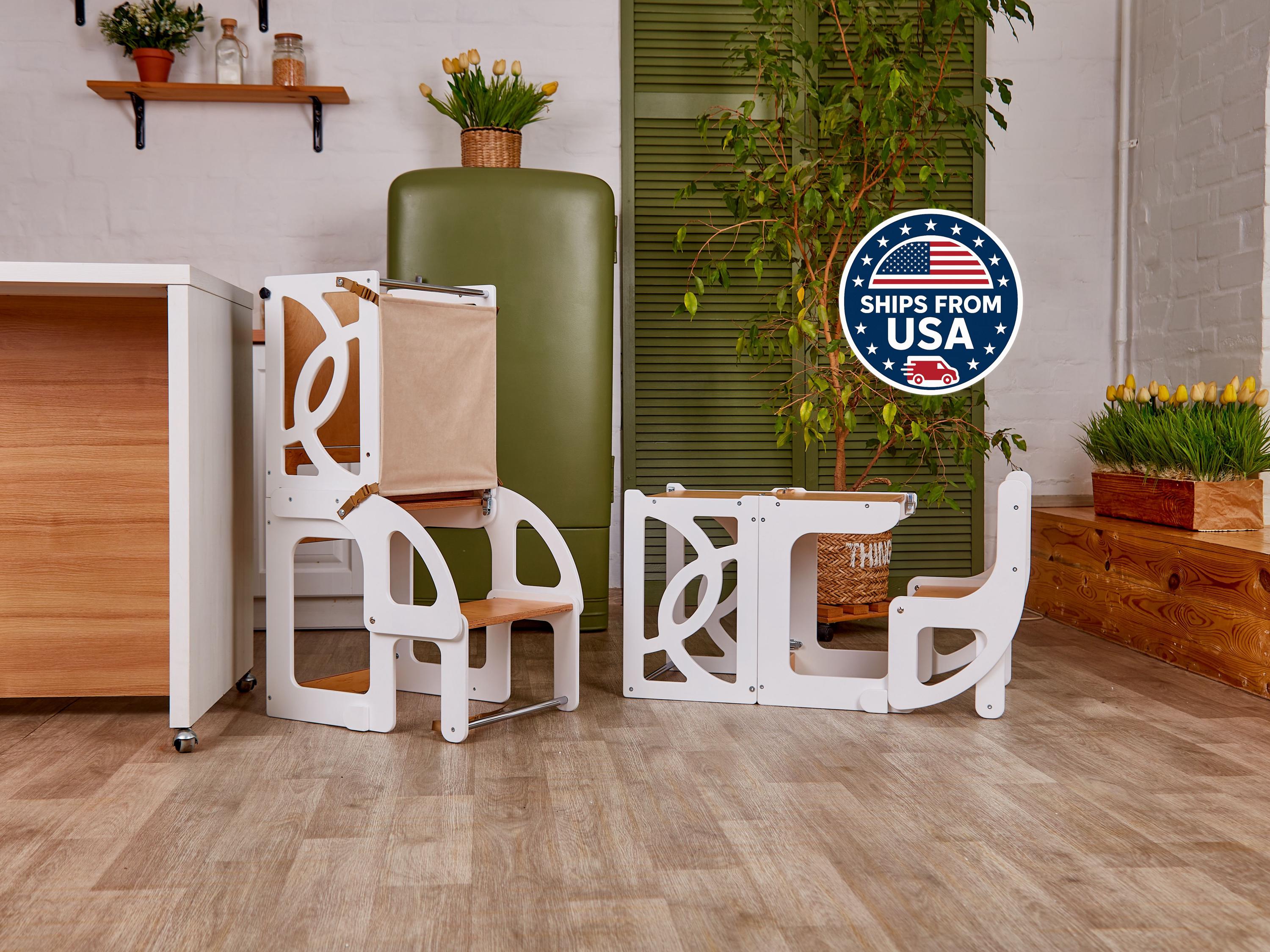 Toddler Tower Table With Seatback, Chalkboard, Safety Net, Slide