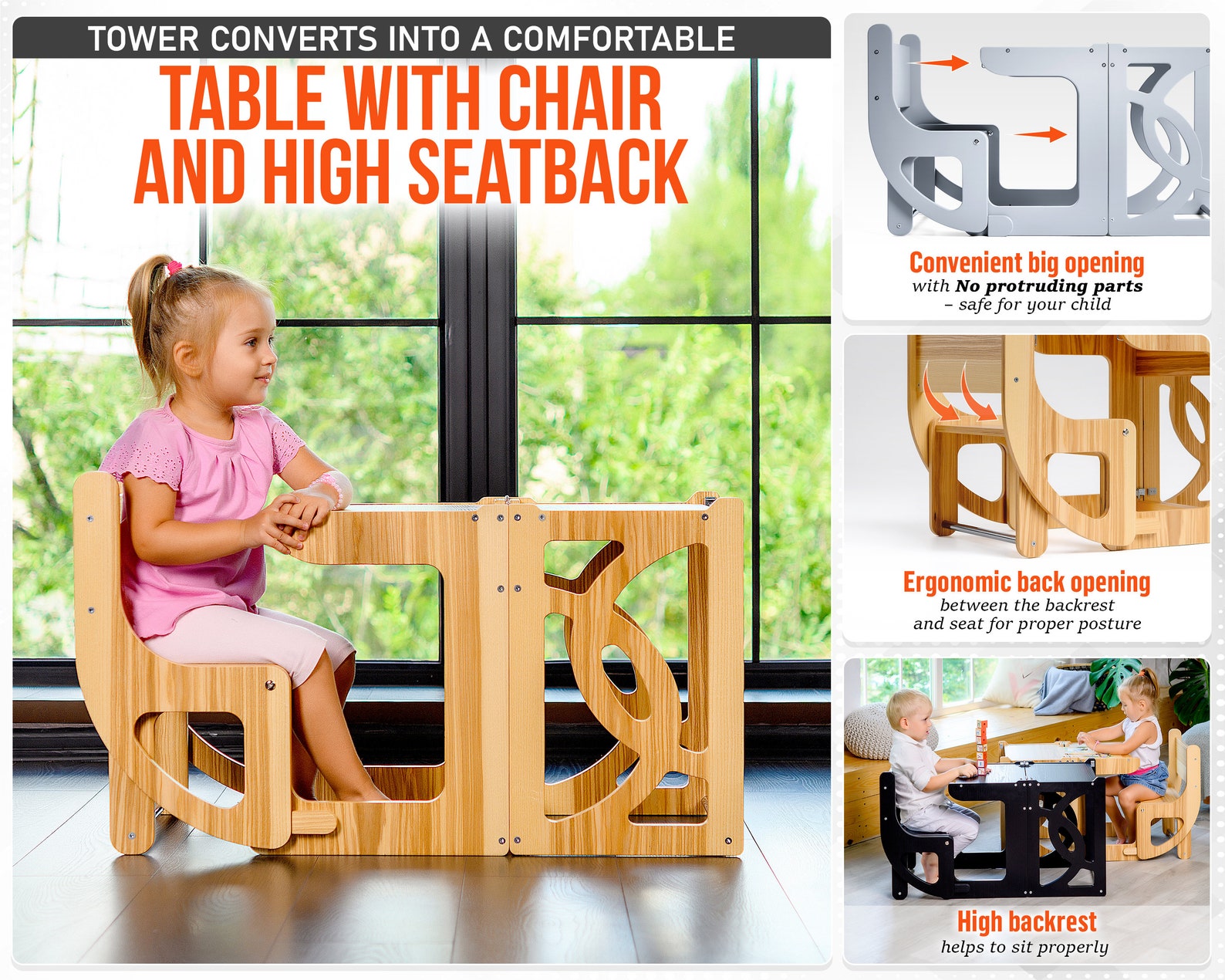 Natural Convertible Toddler Tower & Table WITH BACK, Toddler Kitchen ...