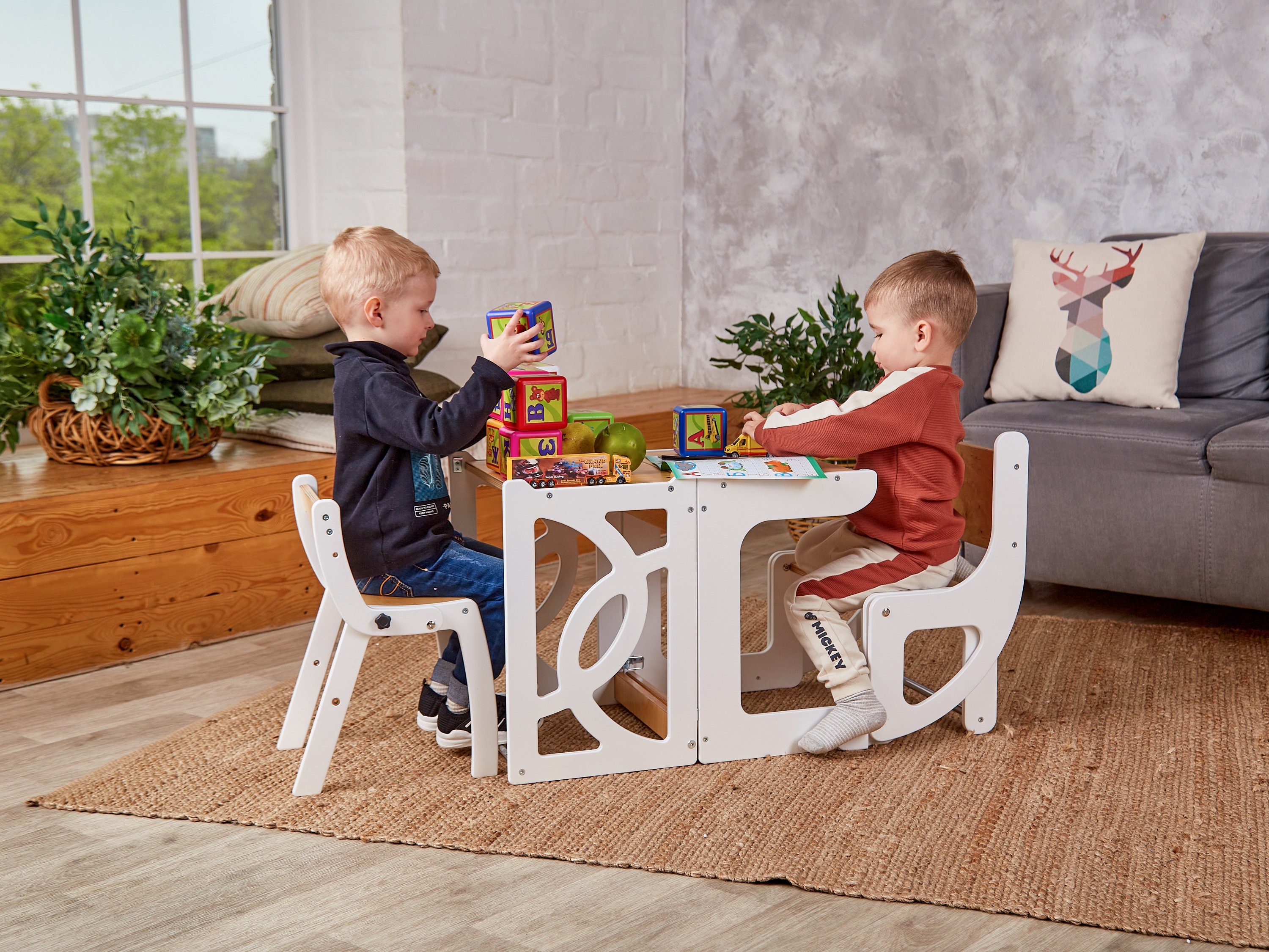 Toddler Tower Table With Seatback, Chalkboard, Safety Net, Slide