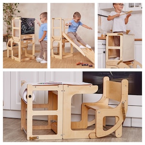 May include: A wooden children's play set with a slide, a chalkboard, a table and a chair. The set is designed to help children learn and grow.