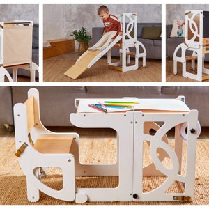 Tavolo a torre trasformabile 7 in 1 per bambini piccoli con schienale, sgabello da cucina per l'apprendimento dei bambini, sgabello da cucina per bambini, lavagna scorrevole per bambini