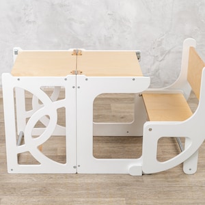 Convertible toddler tower & table WITH BACK and wooden kids slide, montessori kitchen help tower, learning step stool table, toddler table