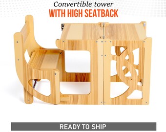 Natural Convertible learning toddler tower & table WITH BACK, montessori learning tower, toddler kitchen step stool, toddler helper tower