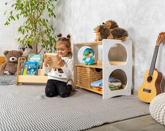 モンテッソーリ棚、3段おもちゃ棚、子供用おもちゃ収納、保育棚