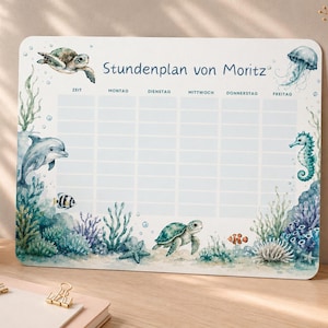 Könnte beinhalten: Ein rechteckiger Wochenplaner mit der Aufschrift 'Stundenplan von Moritz', verziert mit Aquarellillustrationen von Meerestieren wie einer Meeresschildkröte, einem Delfin, einer Qualle, einem Seepferdchen und Korallen auf hellblau-weißem Grund.