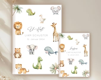 Personalized U-booklet and vaccination certificate set, birth gift, protective cover with name, gift idea for baby girls and boys jungle animals