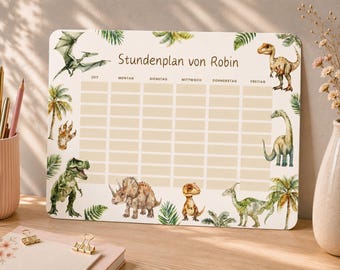 Personalized magnetic timetable with dinosaurs, featuring name and class; erasable timetable with pen; perfect gift for starting school, 1st grade.