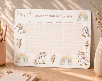 Magnetic timetable with unicorn design, personalized with name and class, erasable and reusable, with pen, for starting school