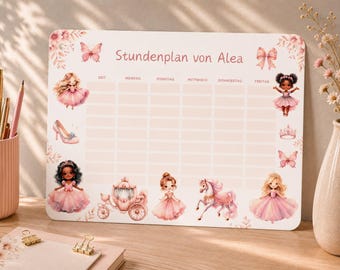 Personalized magnetic timetable for princesses, with name and class, erasable and reusable, with pen, for starting school
