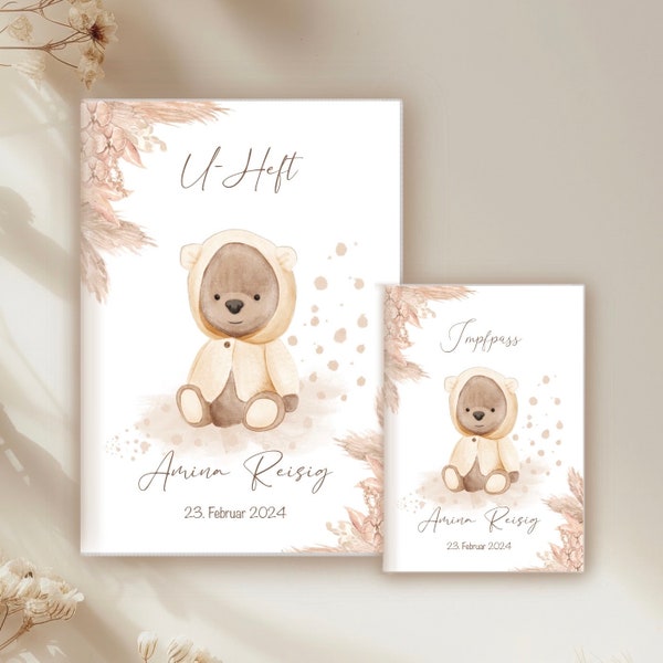 Set U-Heft und Impfpass personalisiert, Geschenk zur Geburt, Schutzhülle mit Namen, Geschenkidee für Baby Mädchen Jungen, neutral Boho Bär