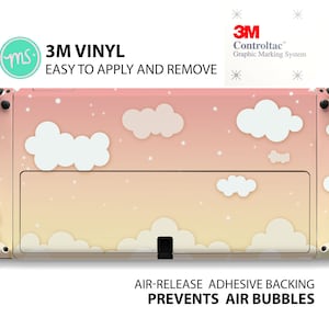May include: A pink and orange Nintendo Switch console skin with a cloud design. The skin is made of 3M vinyl and is easy to apply and remove. It features an air-release adhesive backing to prevent air bubbles.