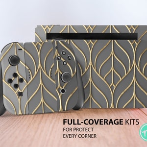 Golden leaves pattern on gray background Nintendo skin leaves lite skin leaves pattern  OLED gray background Golden leaves gamers