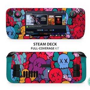 May include: A colorful, full-coverage skin for the Steam Deck handheld gaming console. The skin features a variety of cartoon characters with a red, blue, yellow, and purple color scheme. The skin is designed to protect the console from scratches and wear and tear.