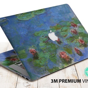May include: A laptop skin featuring a vibrant blue and green water lily painting. The skin is made of 3M premium vinyl and is designed to fit a laptop. The image features a stylized depiction of water lilies and lily pads in a pond.