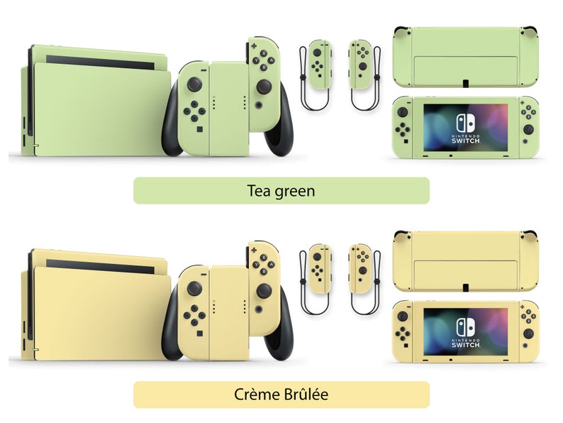 May include: Two Nintendo Switch consoles with different colored skins. The top console is a light green color with the text "Tea green" below it. The bottom console is a light yellow color with the text "Cr&egrave;me Br&ucirc;l&eacute;e" below it.