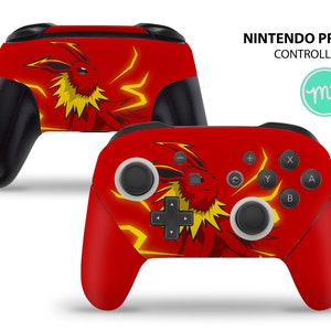 May include: A red and yellow Nintendo Pro Controller skin featuring a cartoon image of a Pokemon character. The skin is designed to fit the Nintendo Switch Pro Controller.