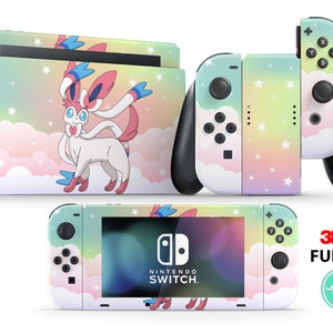 Könnte beinhalten: Ein vollständiges Set an Nintendo Switch Konsolen- und Joy-Con-Skins mit einem pastellfarbenen Regenbogenhintergrund mit weißen Wolken und Sternen sowie einem Cartoon-Bild eines weißen, rosa und blauen Pokémon-Charakters. Der Text "3M FULL SET" ist auf dem Bild sichtbar.