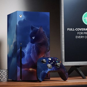 May include: A full-coverage skin decal for the Xbox Series X console featuring a blue and purple nebula design with a black cat silhouette. The decal is designed to protect every corner of the console. The text "FULL-COVERAGE KIT FOR PROTECT EVERY CORNER" is visible in the image.